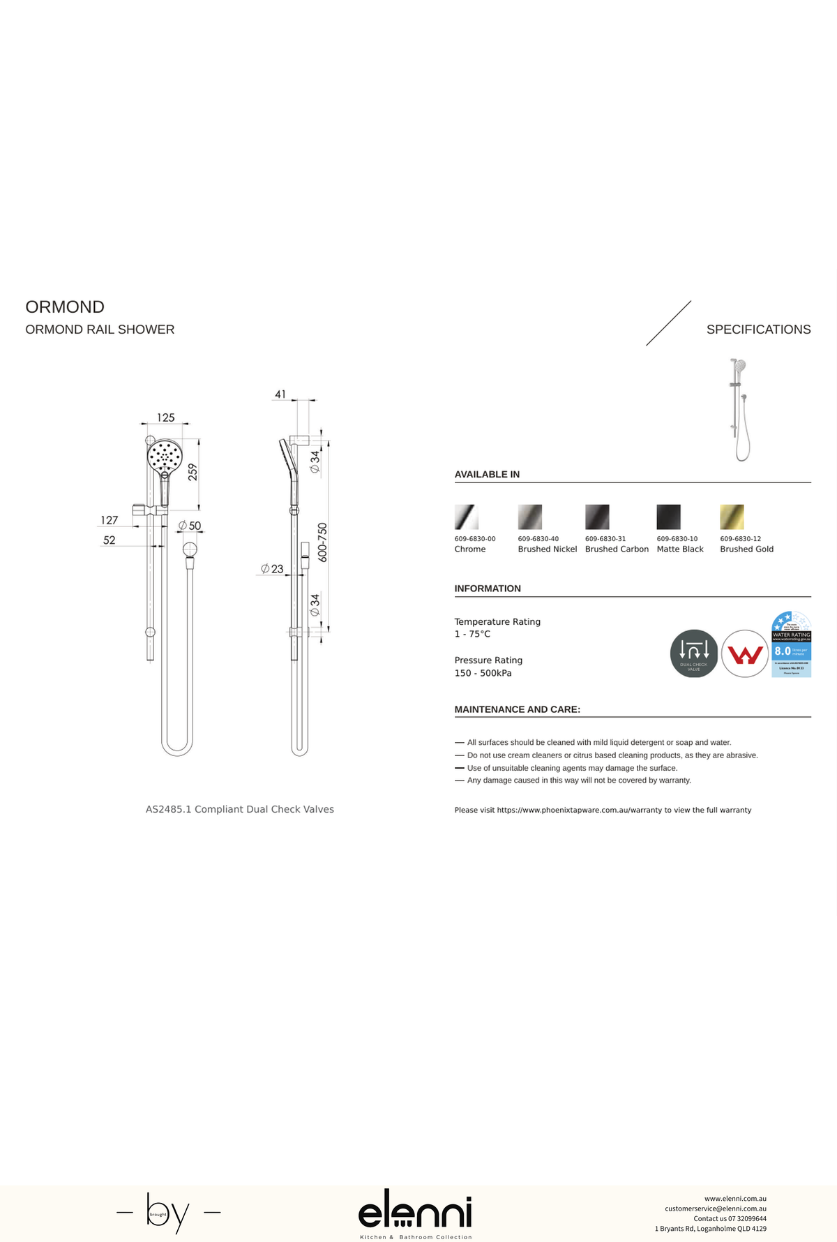 Ormond Rail Shower - Elenni specification drawing