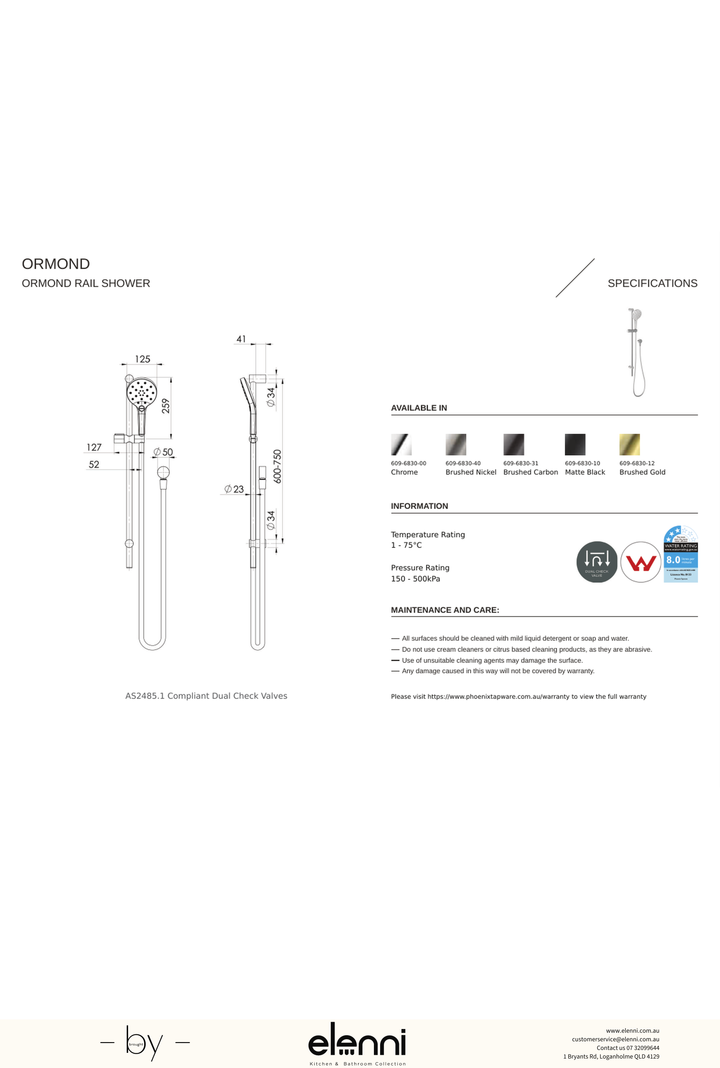 Ormond Rail Shower - Elenni specification drawing