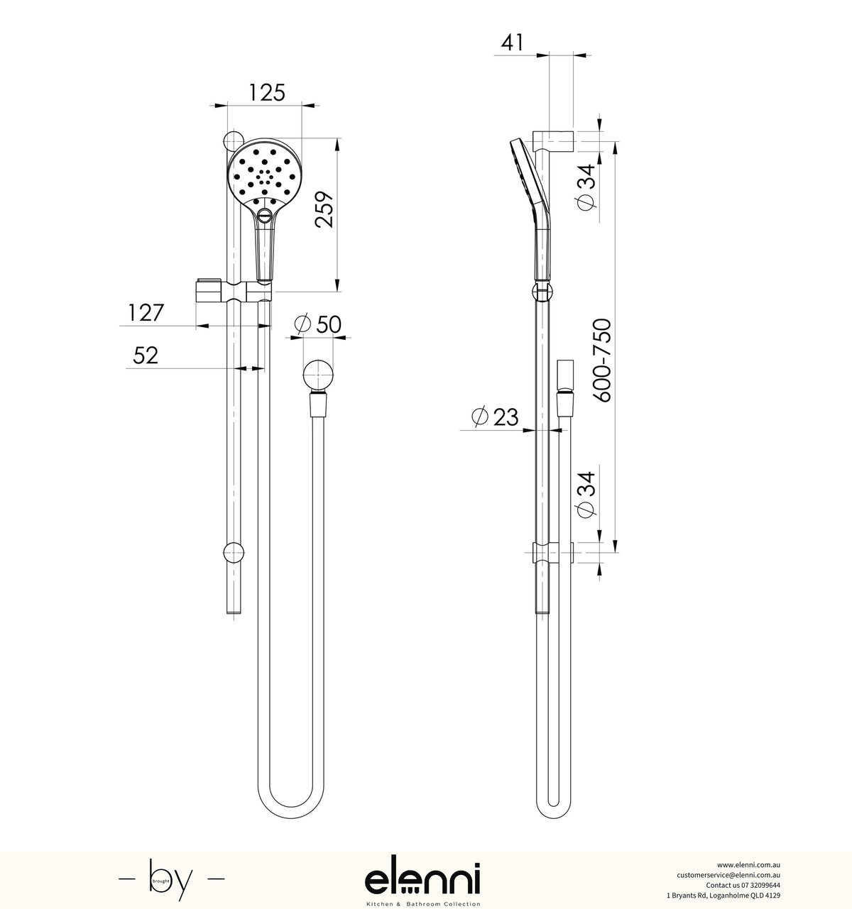 Ormond Rail Shower - 4 Star - Elenni specification drawing