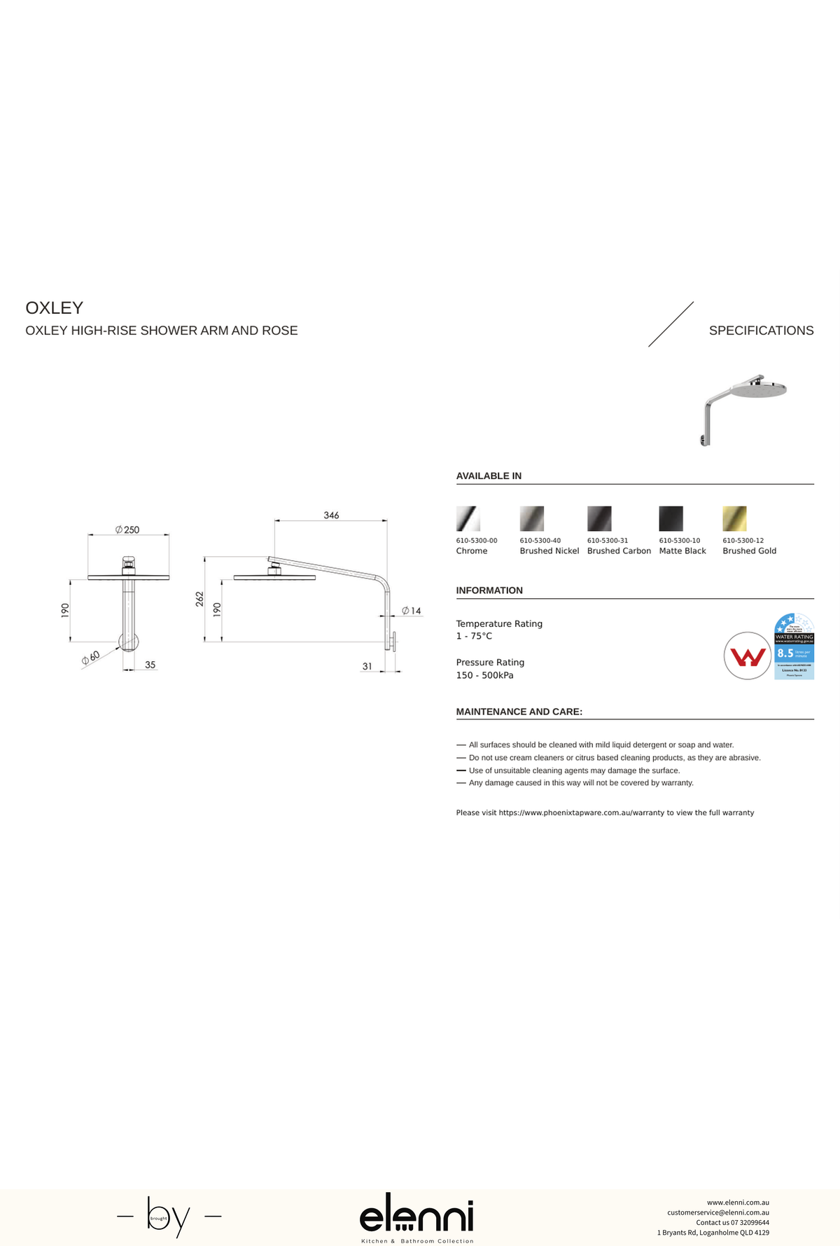 Oxley High-Rise Shower Arm and Rose - Elenni specification drawing