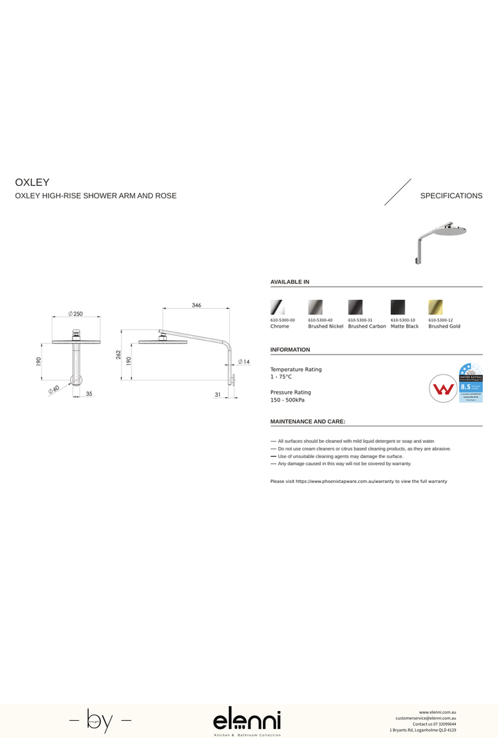 Oxley High-Rise Shower Arm and Rose - Elenni specification drawing