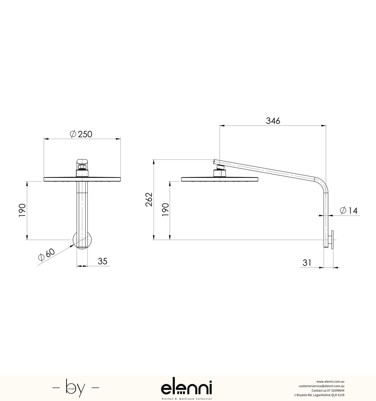 Oxley High-Rise Shower Arm and Rose - 4 Star - Elenni specification drawing