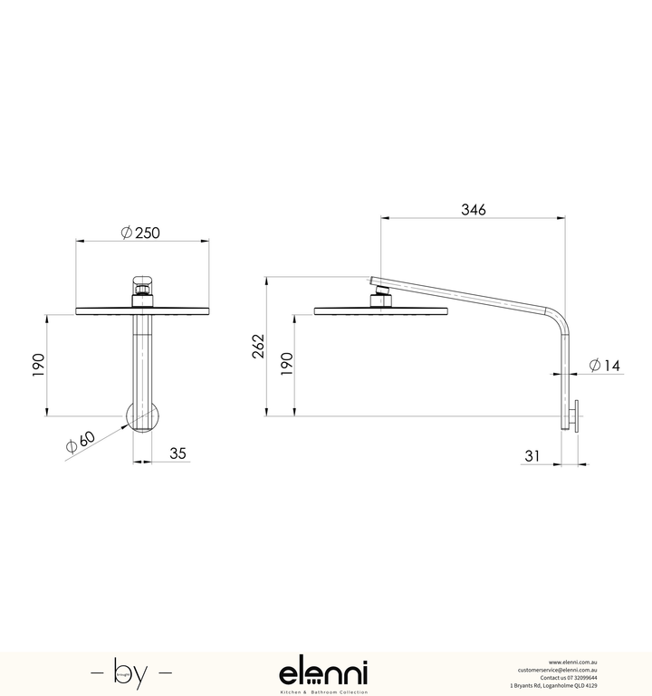 Oxley High-Rise Shower Arm and Rose - 4 Star - Elenni specification drawing