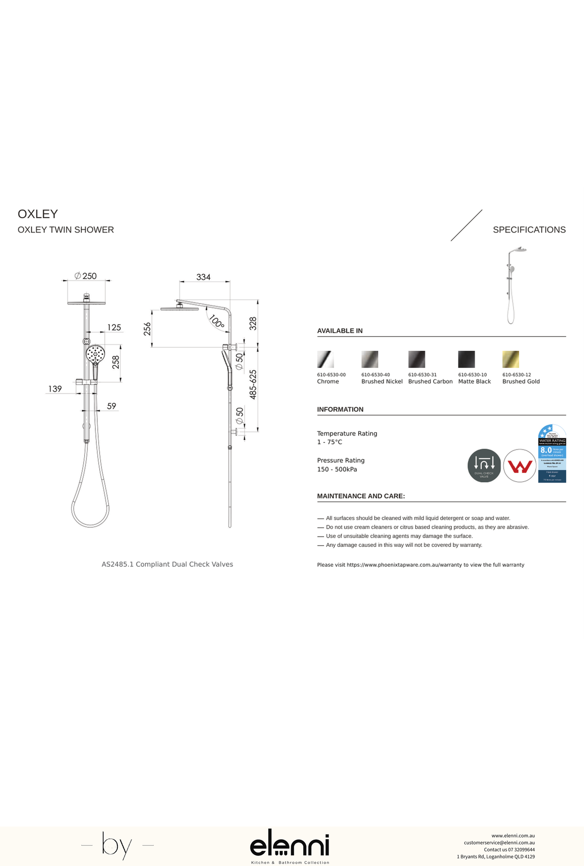 Oxley Twin Shower - Elenni specification drawing