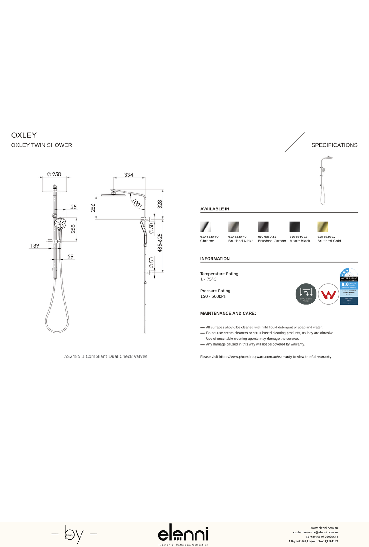Oxley Twin Shower - Elenni specification drawing