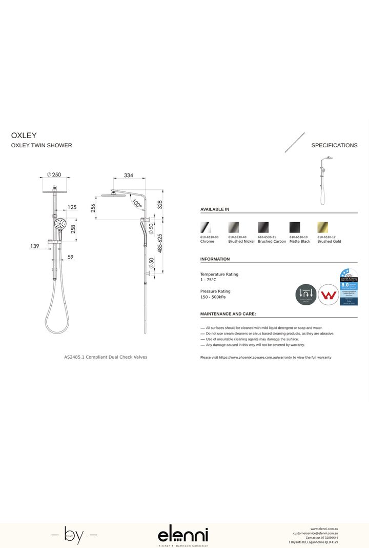 Oxley Twin Shower - Elenni specification drawing