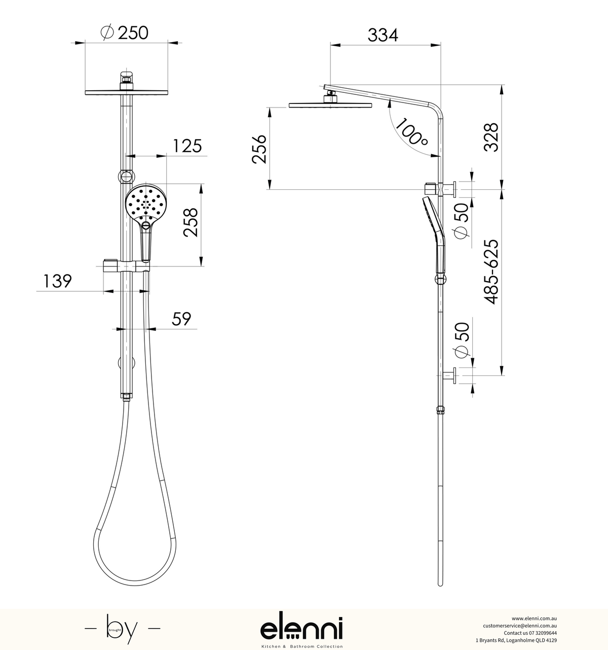 Oxley Twin Shower - 4 Star - Elenni specification drawing
