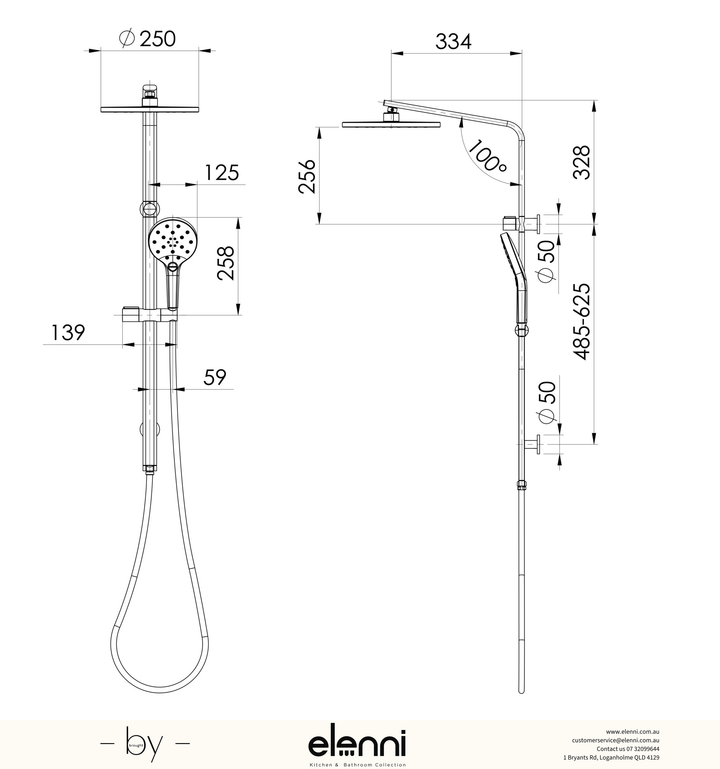 Oxley Twin Shower - 4 Star - Elenni specification drawing