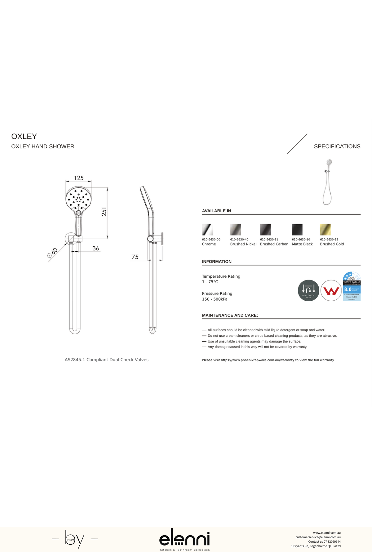 Oxley Hand Shower - Elenni specification drawing