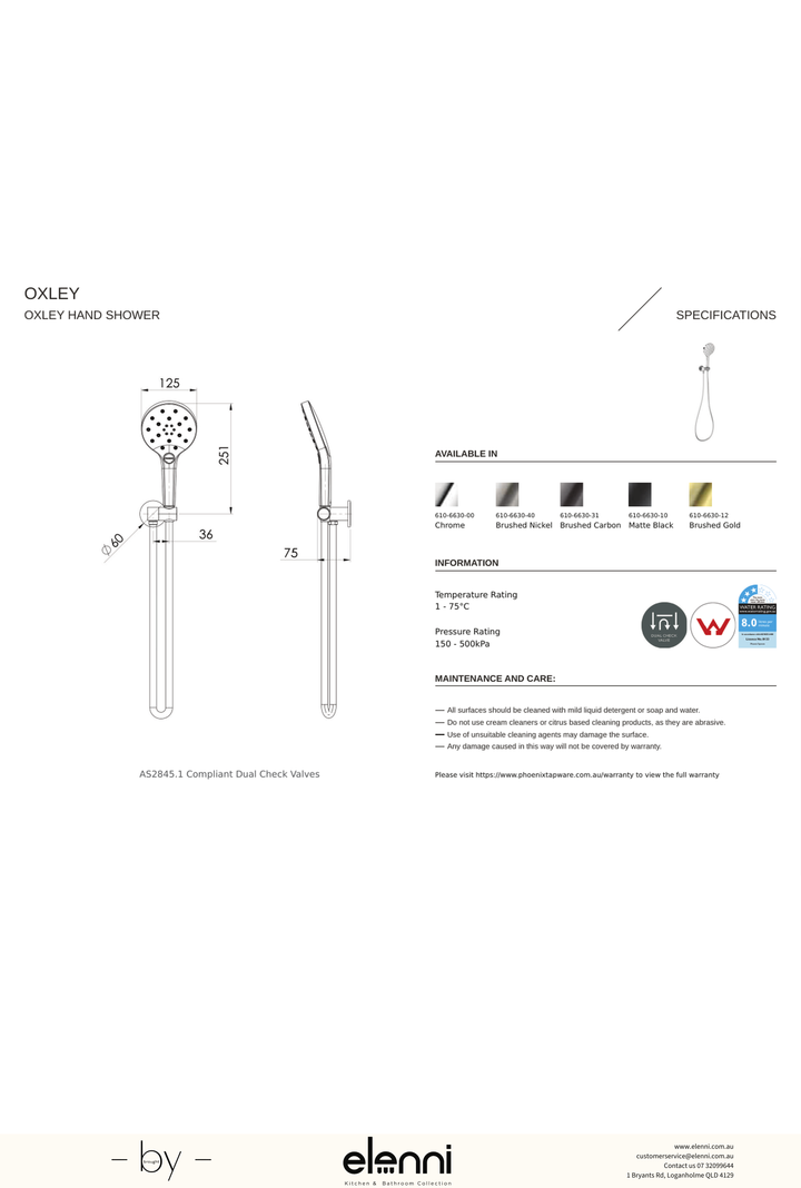 Oxley Hand Shower - Elenni specification drawing