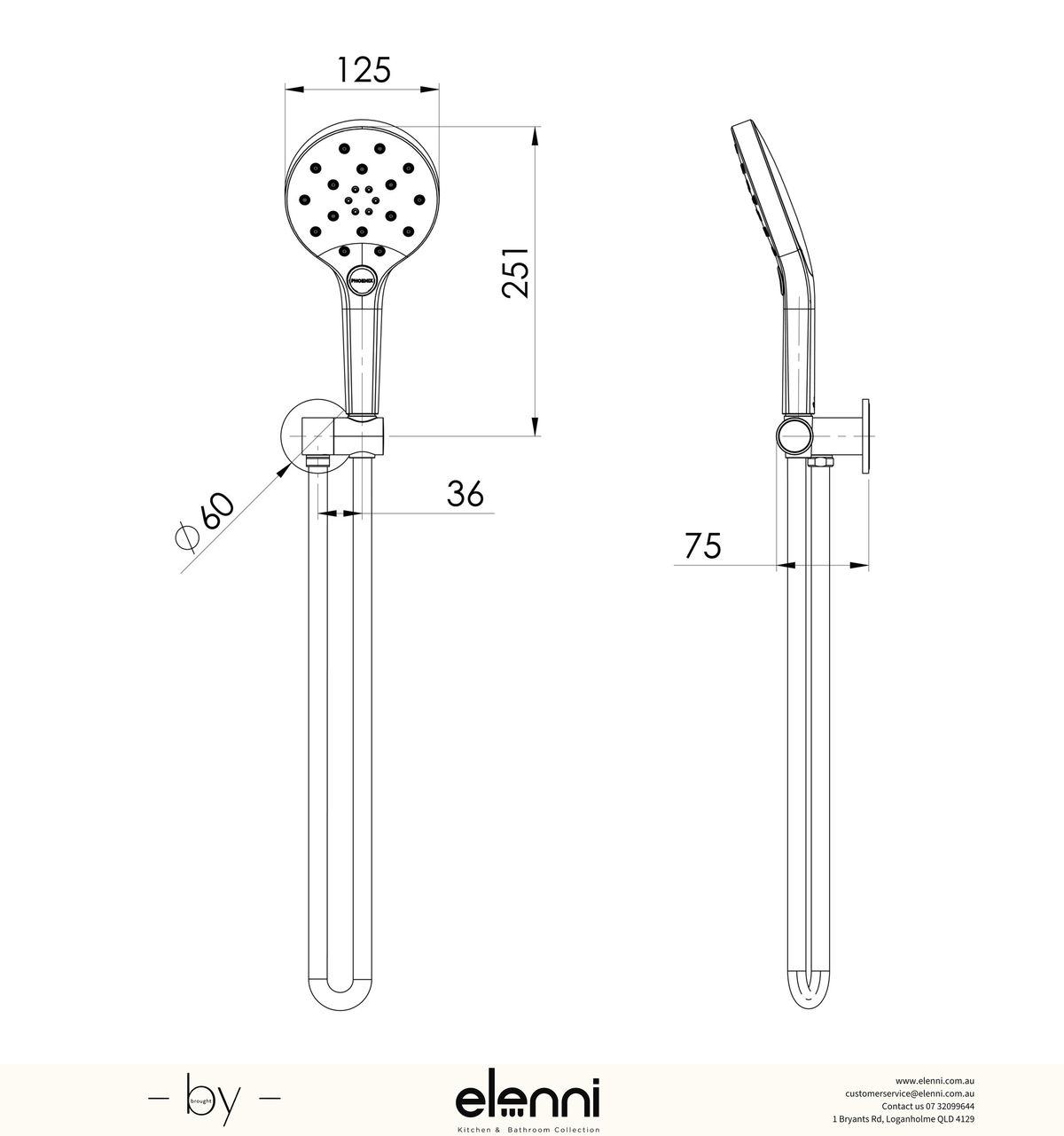 Oxley Hand Shower - 4 Star - Elenni specification drawing