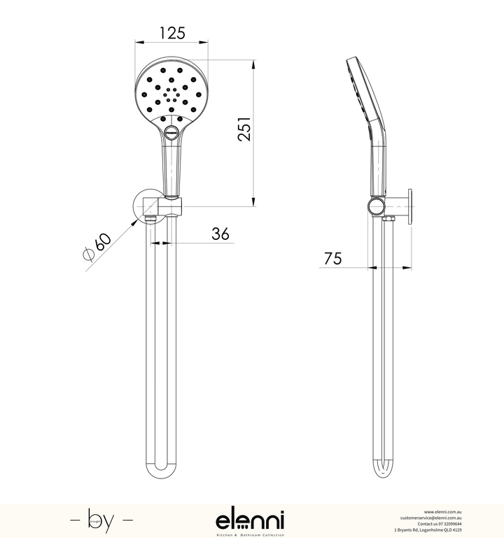 Oxley Hand Shower - 4 Star - Elenni specification drawing