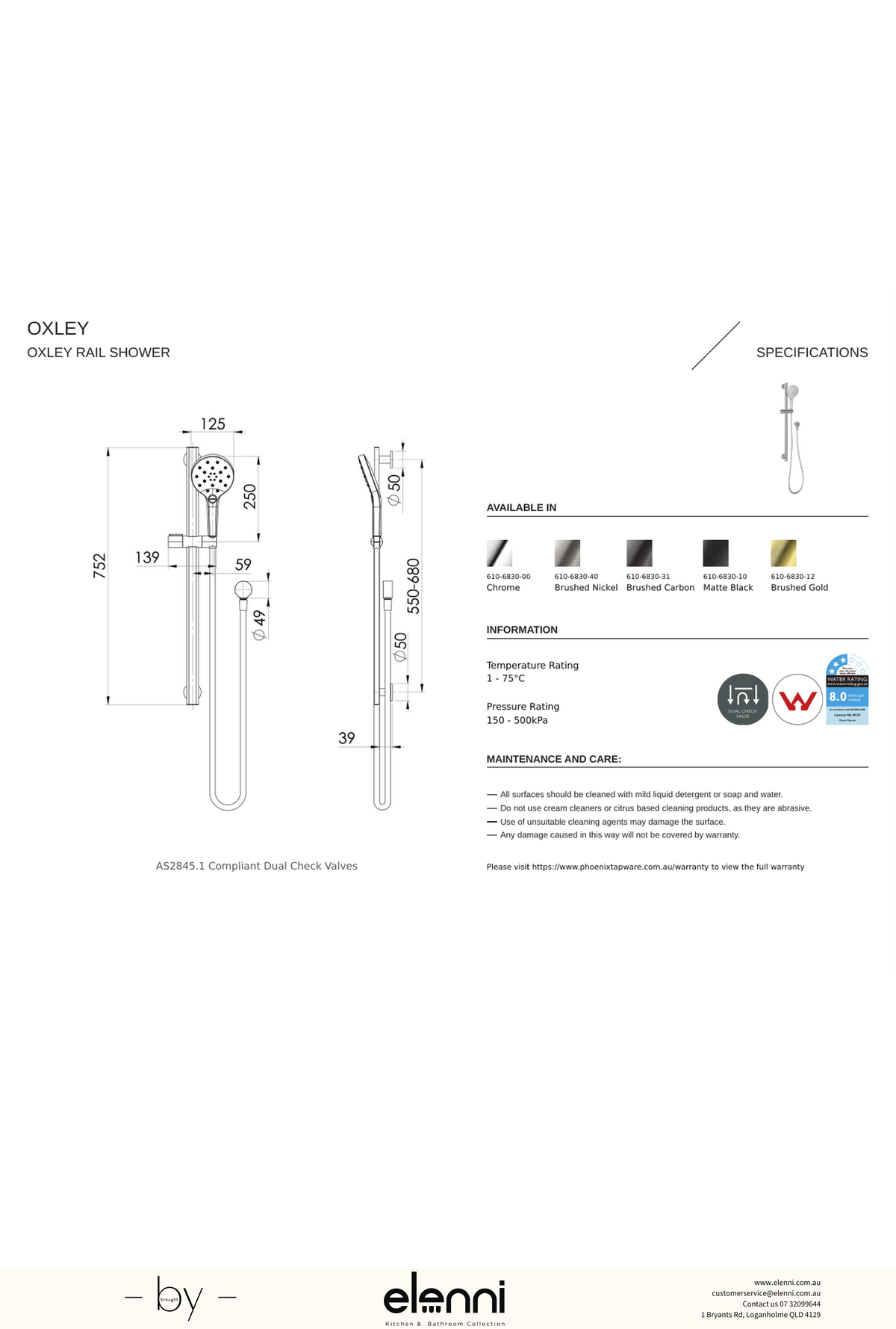 Oxley Rail Shower - Elenni specification drawing
