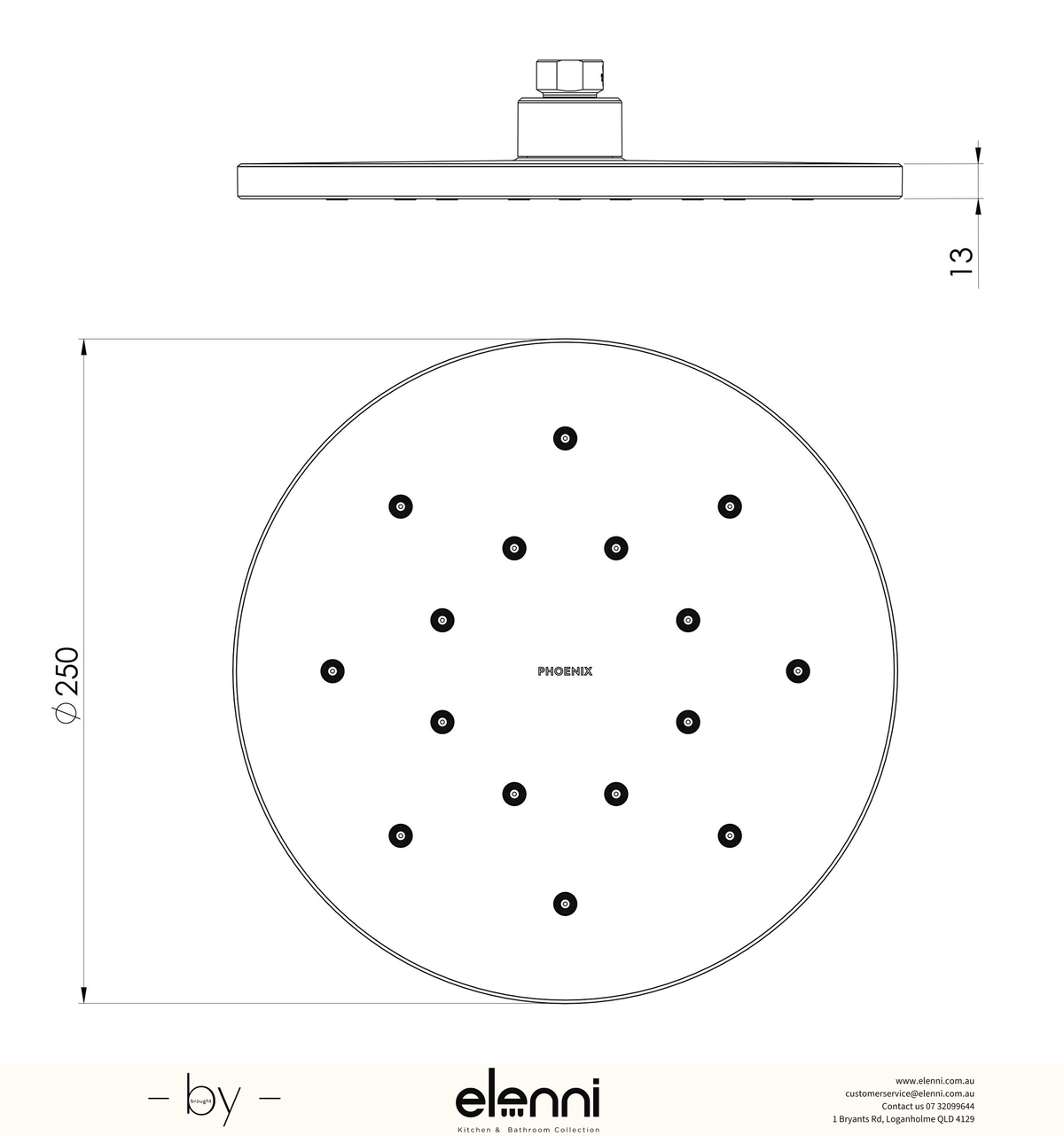 LuxeXP Shower Rose 250mm Round - Elenni specification drawing