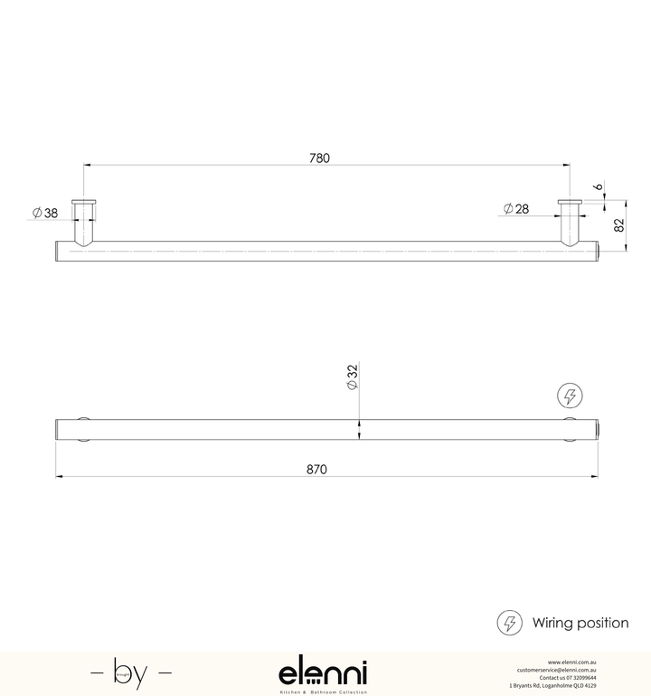 Heated Towel Rail Round 800mm - Elenni specification drawing