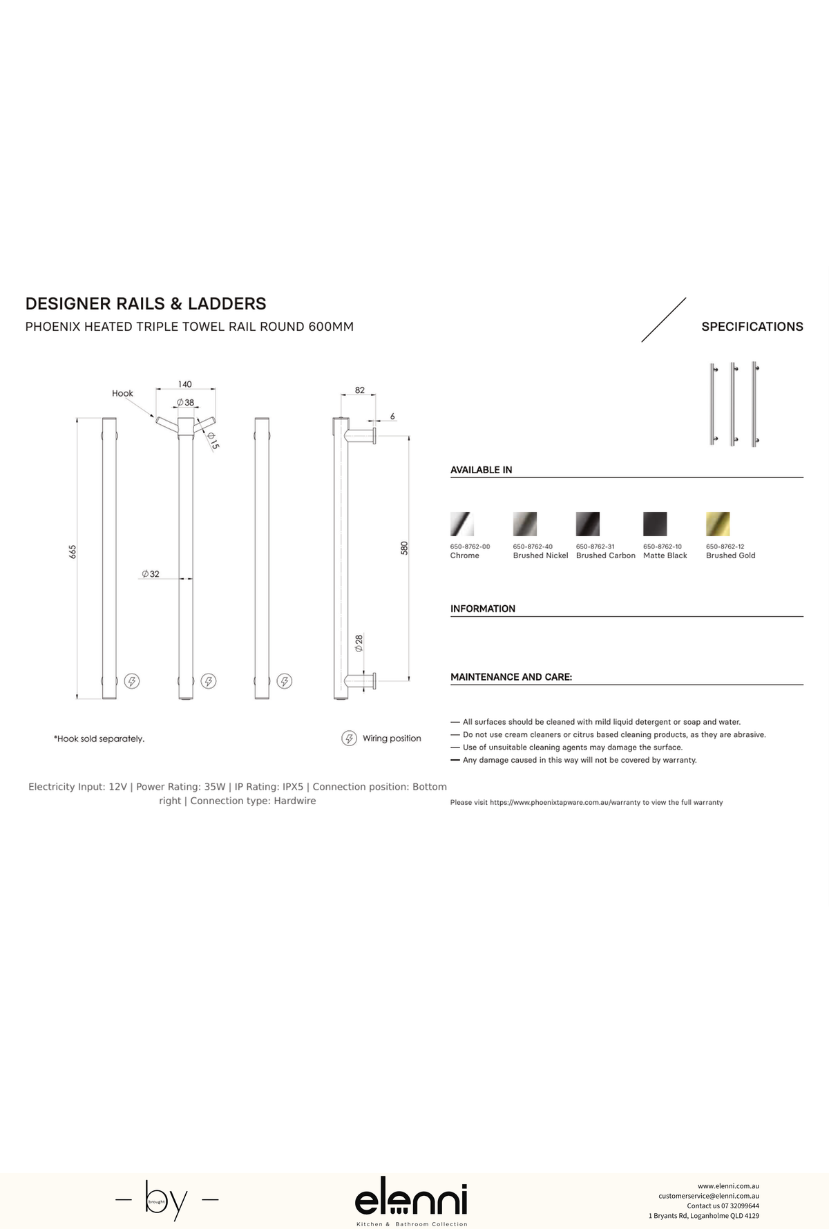 Heated Triple Towel Rail Round 600mm - Elenni specification drawing
