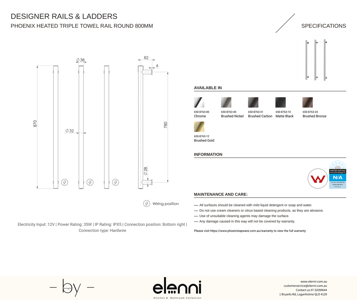 Heated Triple Towel Rail Round 800mm - Elenni specification drawing