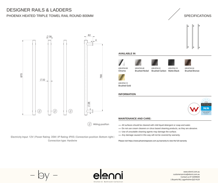 Heated Triple Towel Rail Round 800mm - Elenni specification drawing