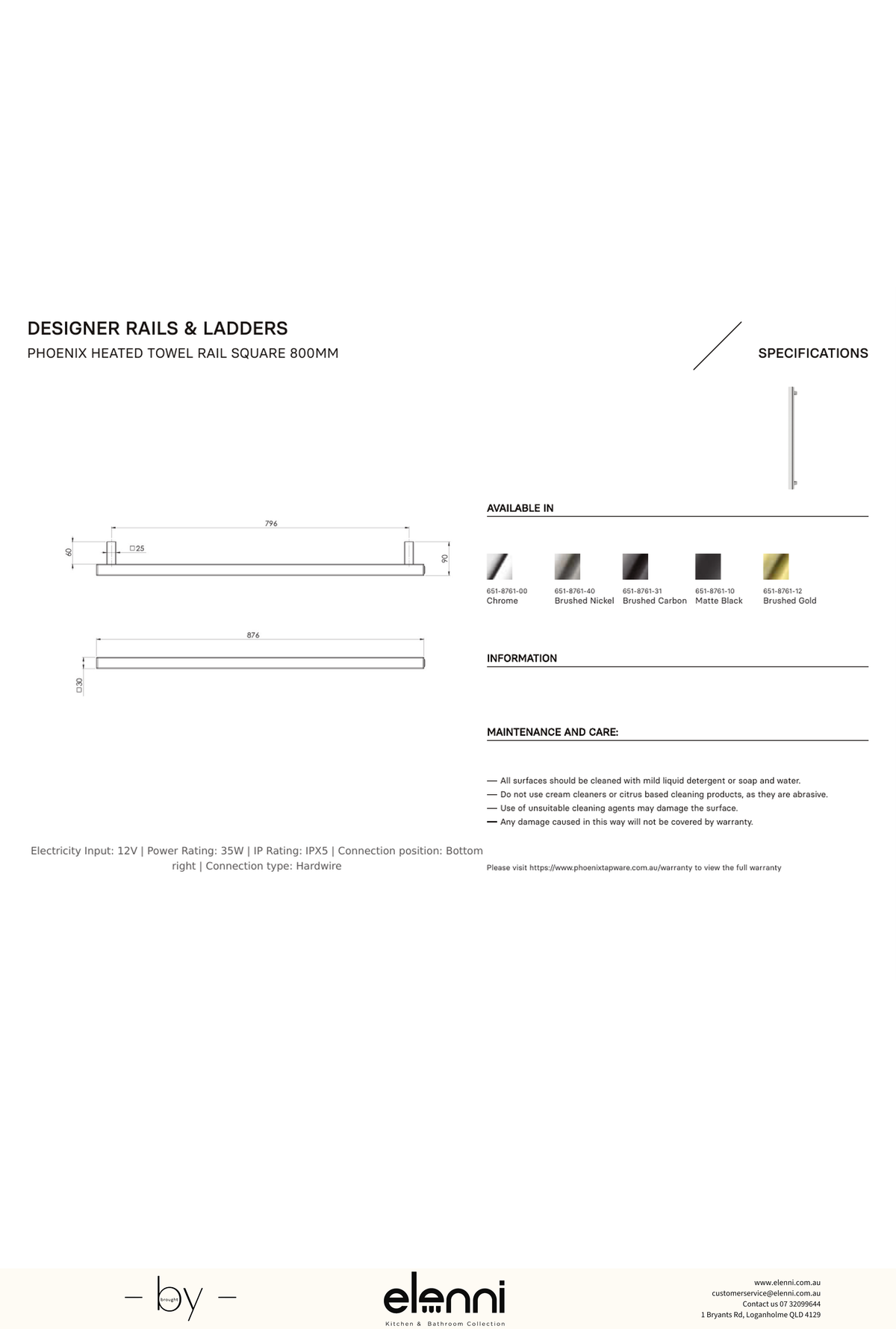 Heated Towel Rail Square 800mm - Elenni specification drawing