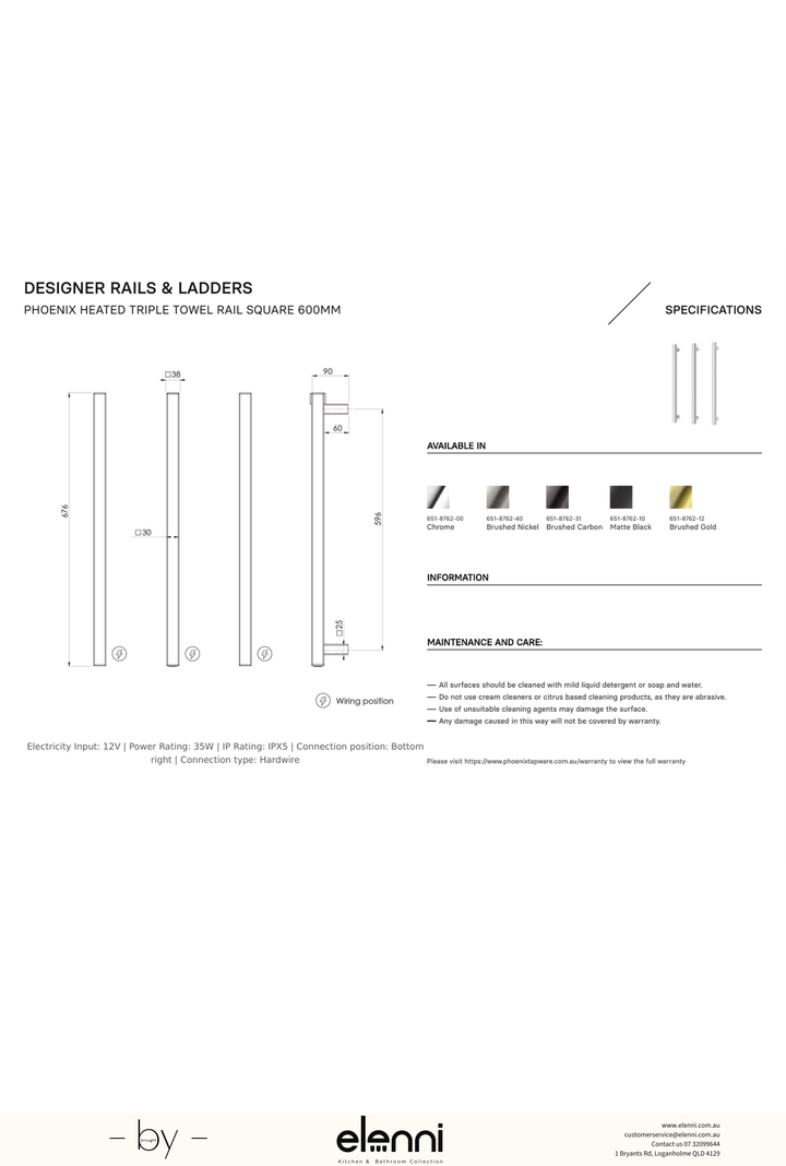Heated Triple Towel Rail Square 600mm - Elenni specification drawing