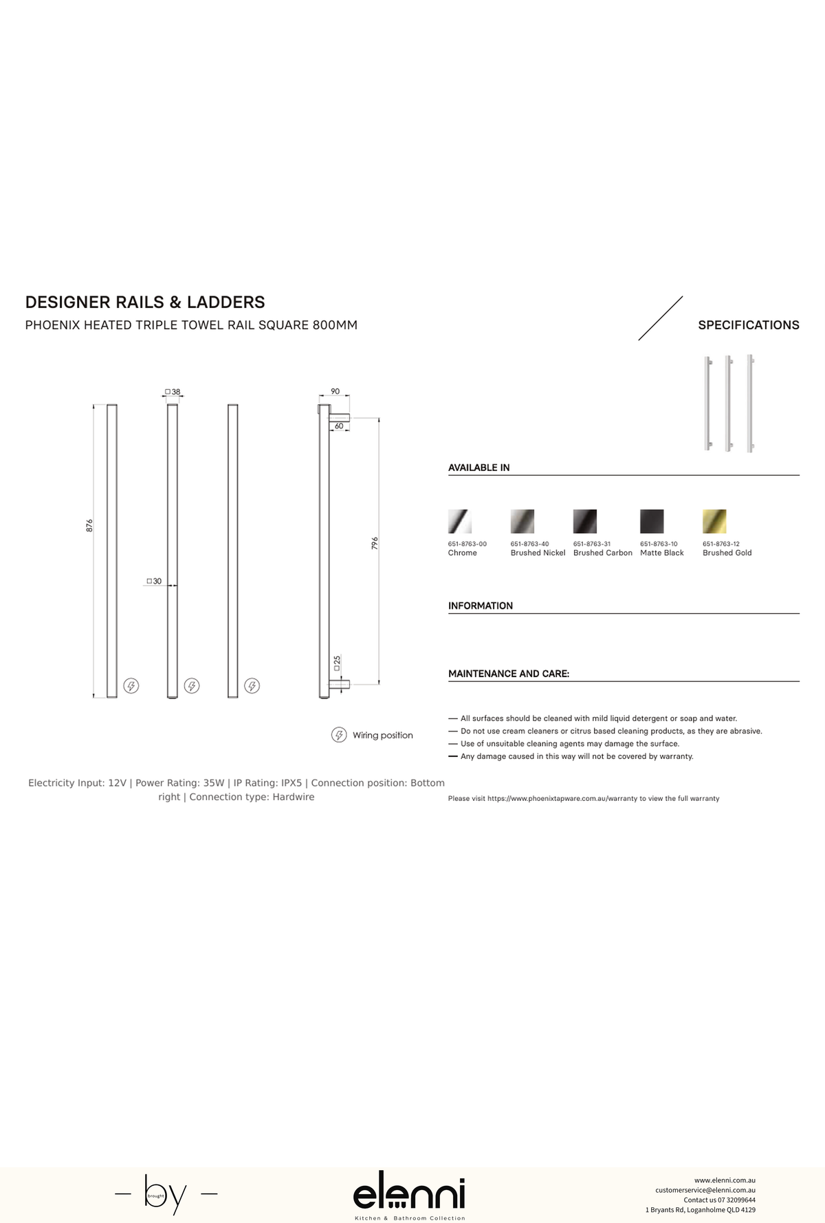 Heated Triple Towel Rail Square 800mm - Elenni specification drawing