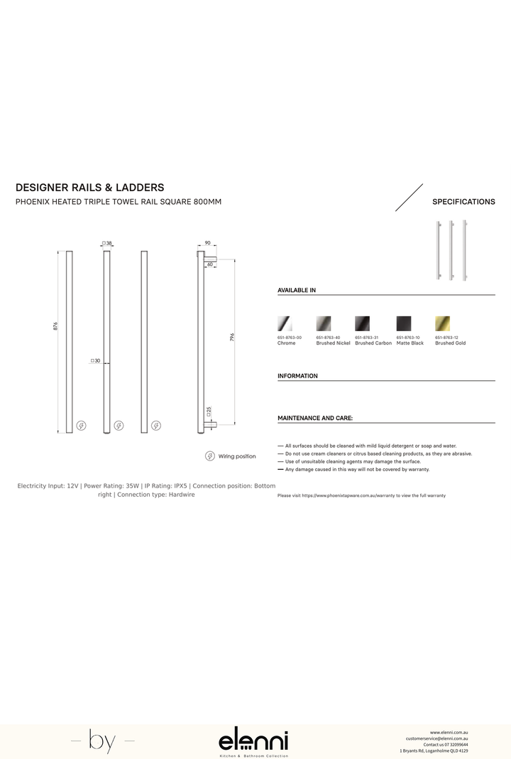 Heated Triple Towel Rail Square 800mm - Elenni specification drawing