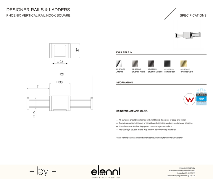 Vertical Rail Hook Square - Elenni specification drawing