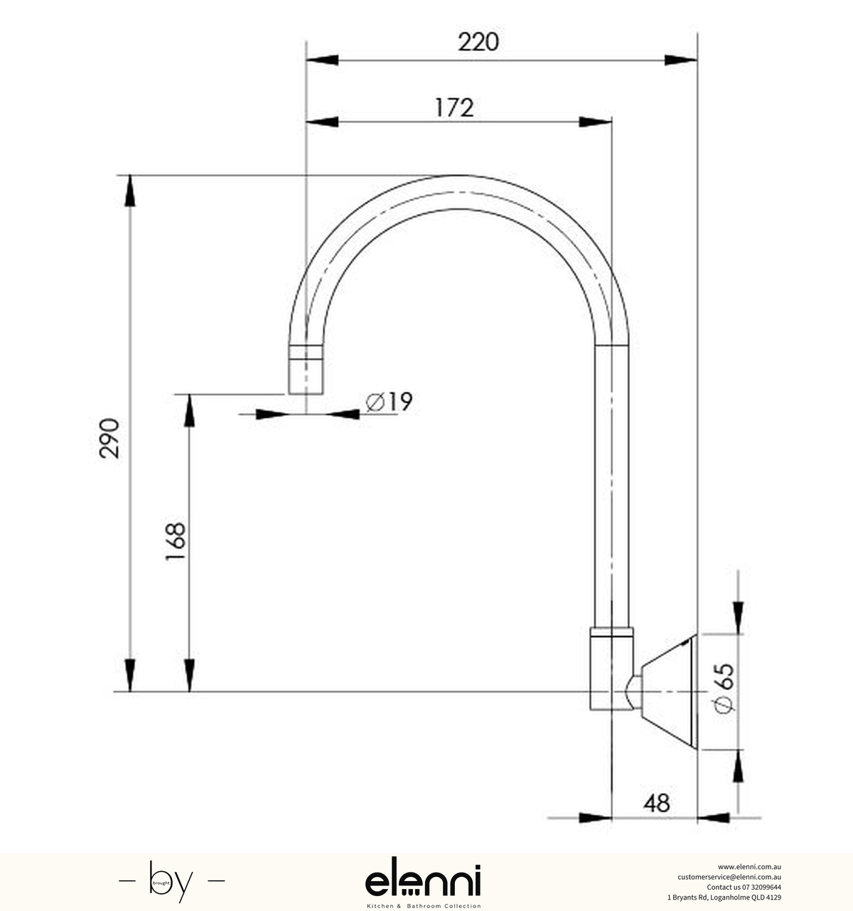 Ivy Wall Sink Outlet 170mm Gooseneck- Lead Free - Elenni specification drawing