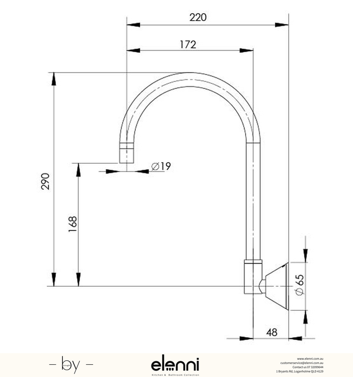 Ivy Wall Sink Outlet 170mm Gooseneck- Lead Free - Elenni specification drawing