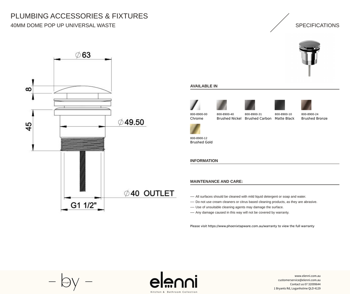 40mm Dome Pop Up Universal Waste - Elenni specification drawing