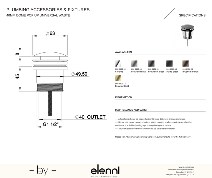 40mm Dome Pop Up Universal Waste - Elenni specification drawing