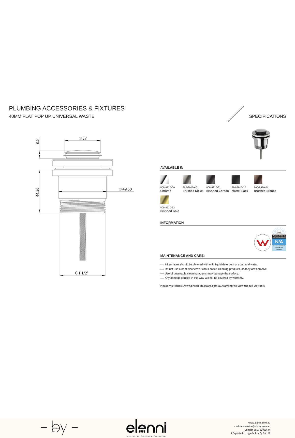 40mm Flat Pop Up Universal Waste - Elenni specification drawing