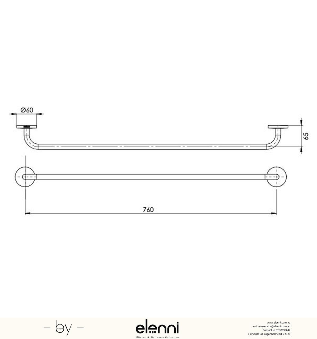Festival Single Towel Rail 760mm - Elenni specification drawing
