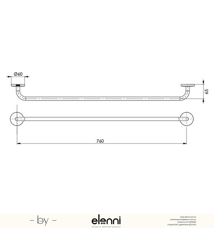 Festival Single Towel Rail 760mm - Elenni specification drawing
