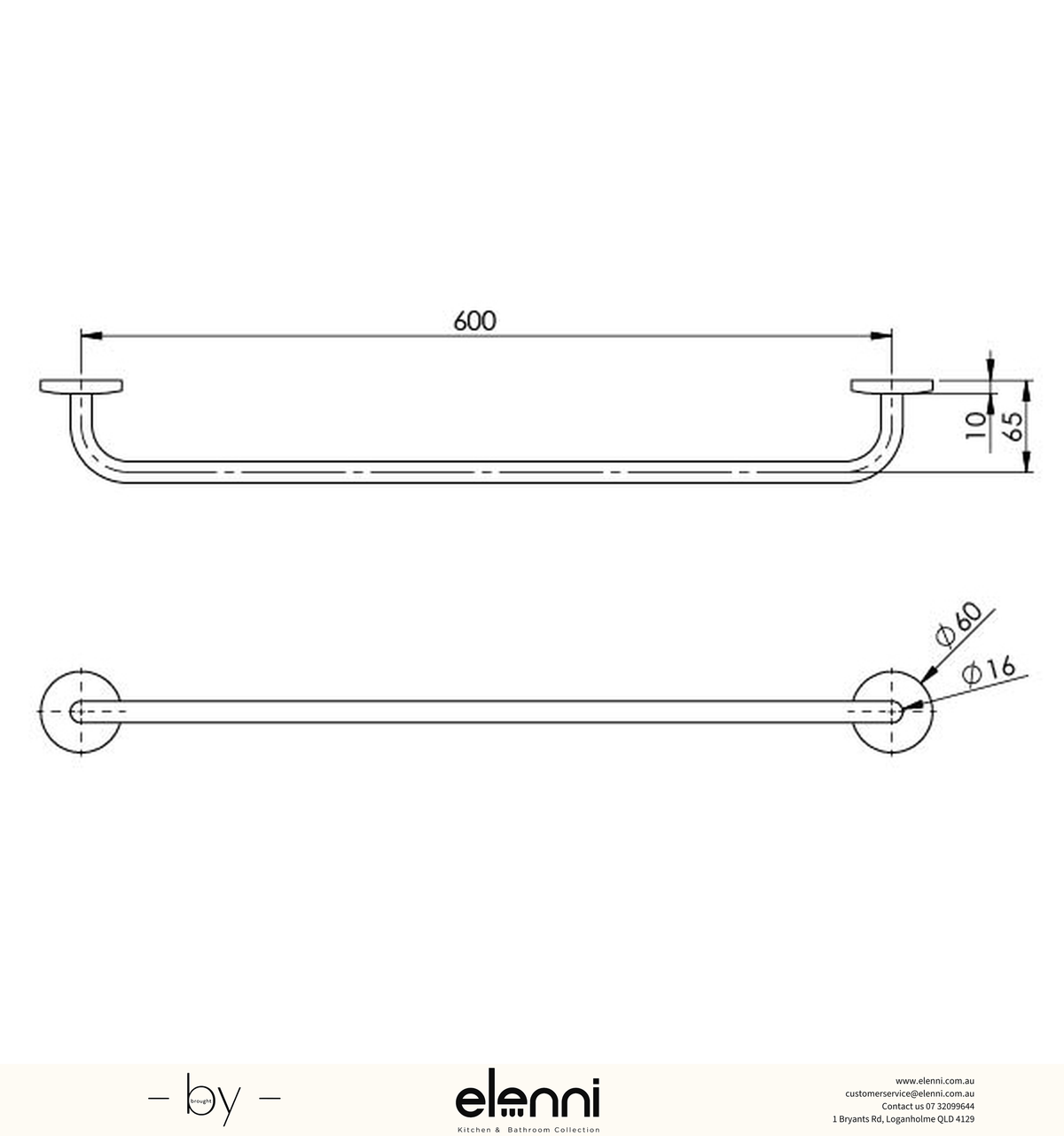 Festival Single Towel Rail 600mm - Elenni specification drawing