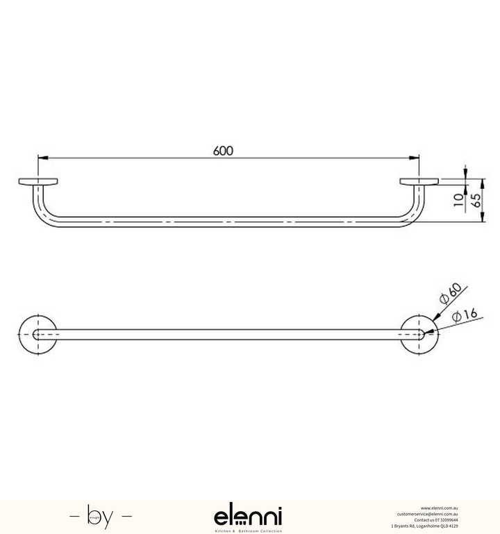 Festival Single Towel Rail 600mm - Elenni specification drawing