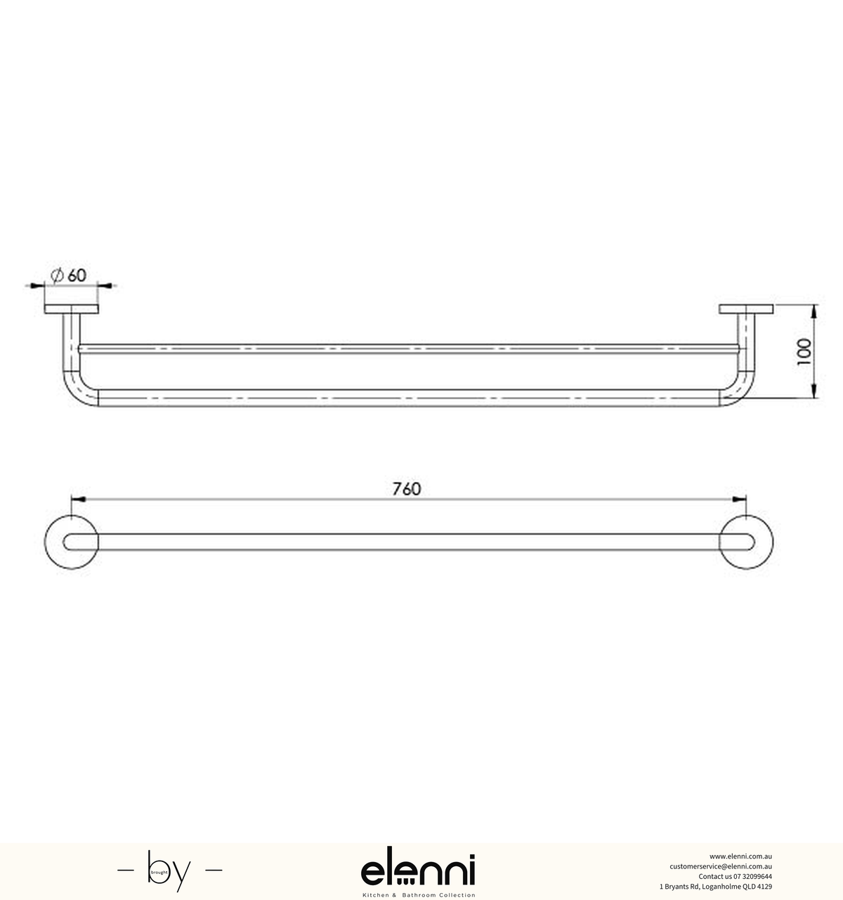 Festival Double Towel Rail 760mm - Elenni specification drawing