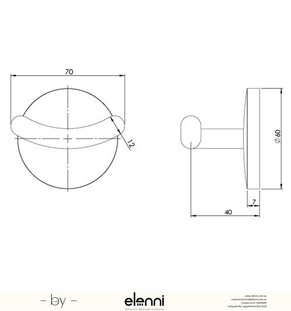 Festival Robe Hook - Elenni specification drawing