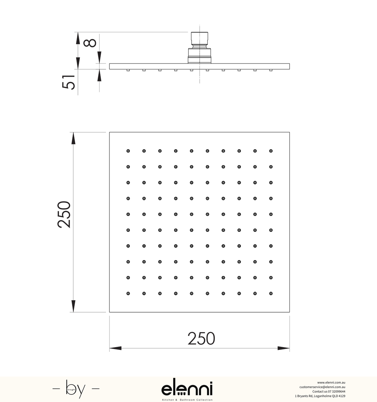 Lexi Shower Rose 250mm Square - Elenni specification drawing