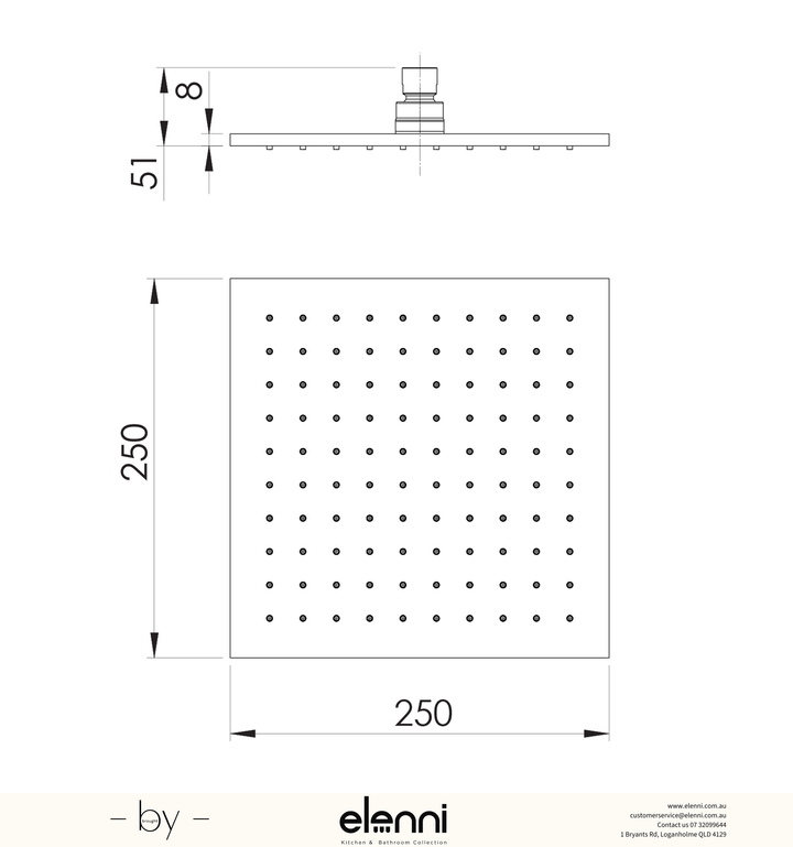 Lexi Shower Rose 250mm Square - Elenni specification drawing