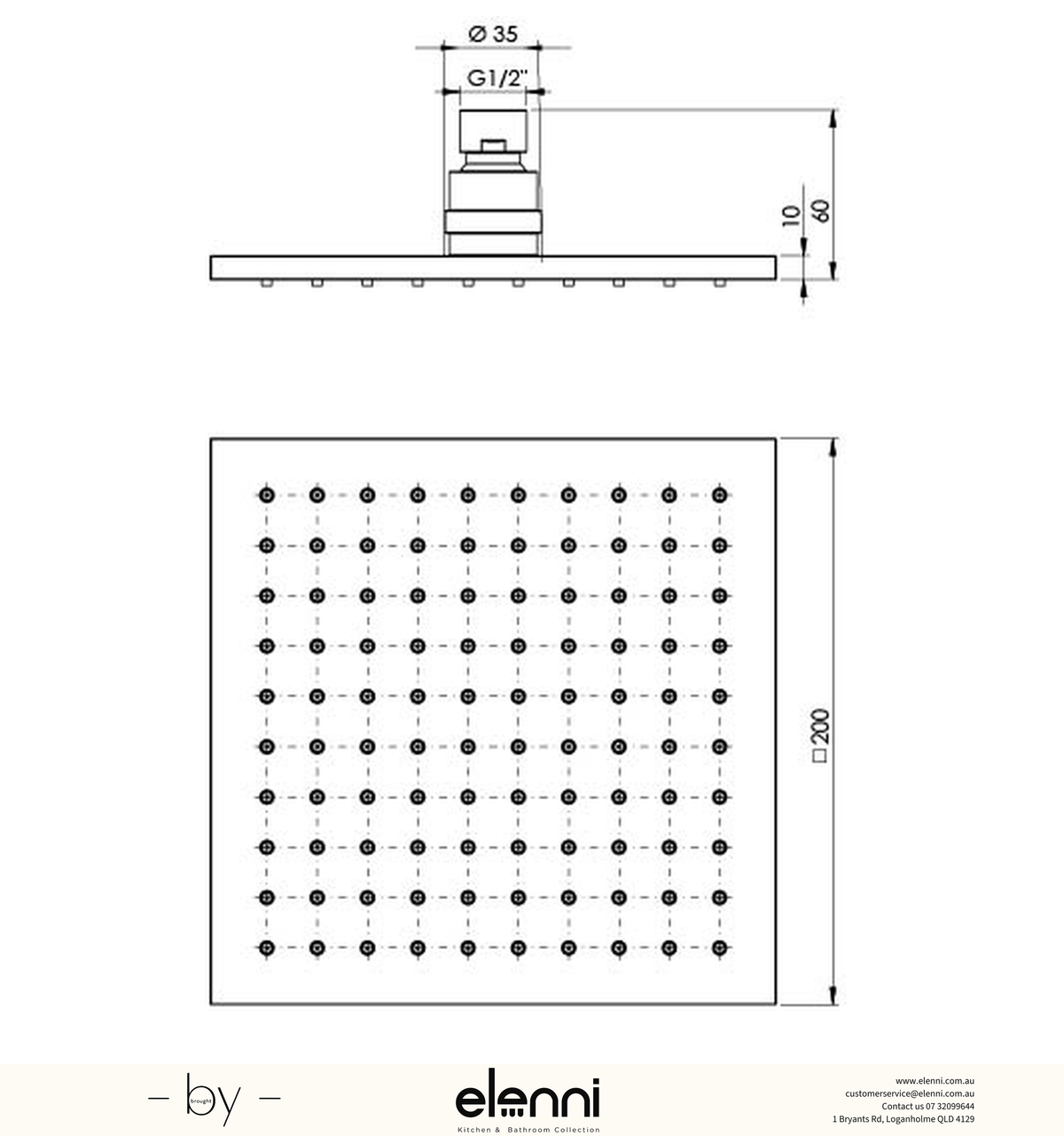 Lexi Shower Rose 200mm Square - Elenni specification drawing