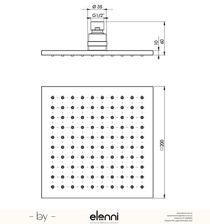 Lexi Shower Rose 200mm Square - Elenni specification drawing