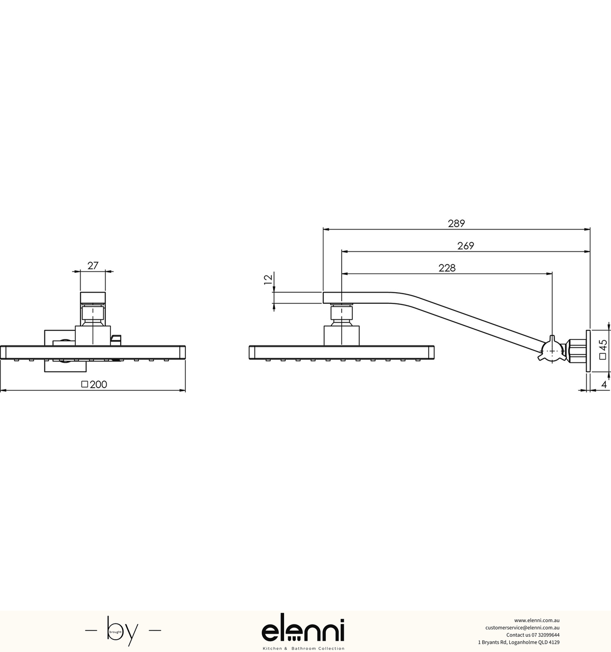 Lexi Universal Shower Arm &amp; 200mm Square Rose - Elenni specification drawing