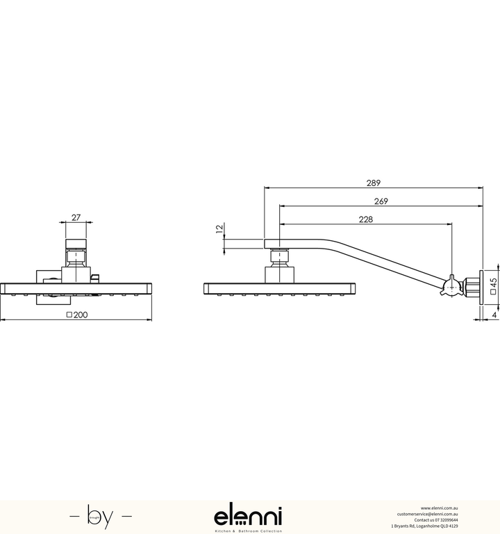 Lexi Universal Shower Arm &amp; 200mm Square Rose - Elenni specification drawing