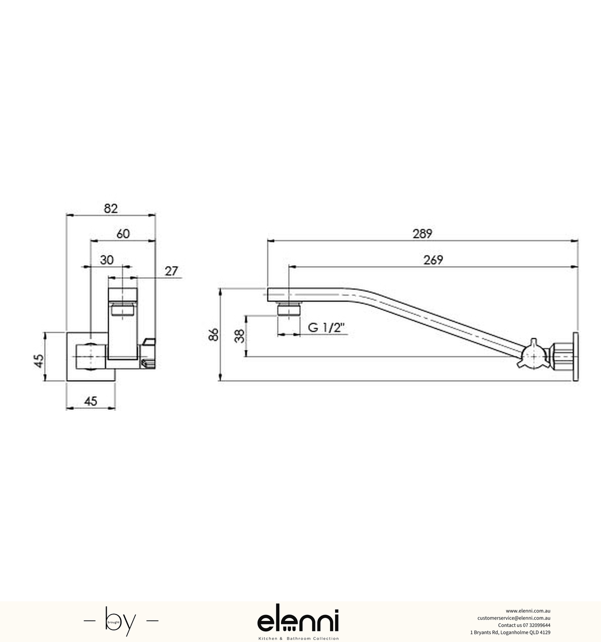 Lexi Universal Shower Arm - Elenni specification drawing