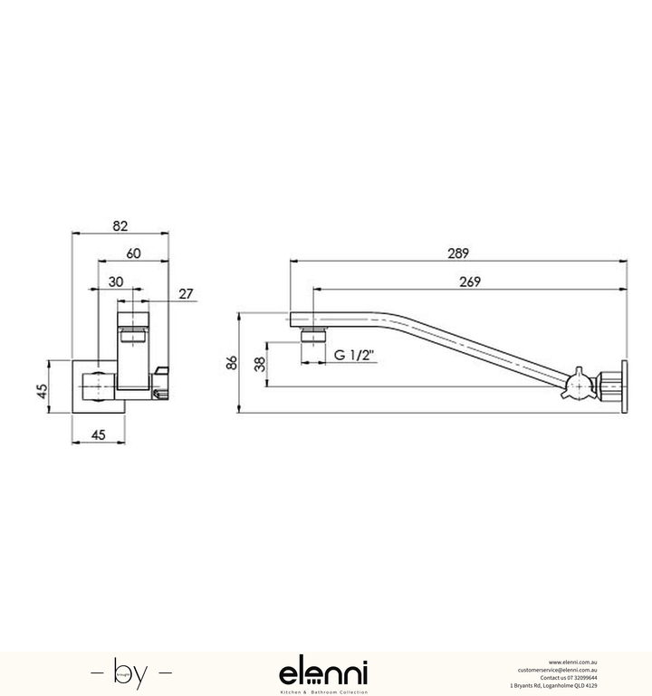 Lexi Universal Shower Arm - Elenni specification drawing