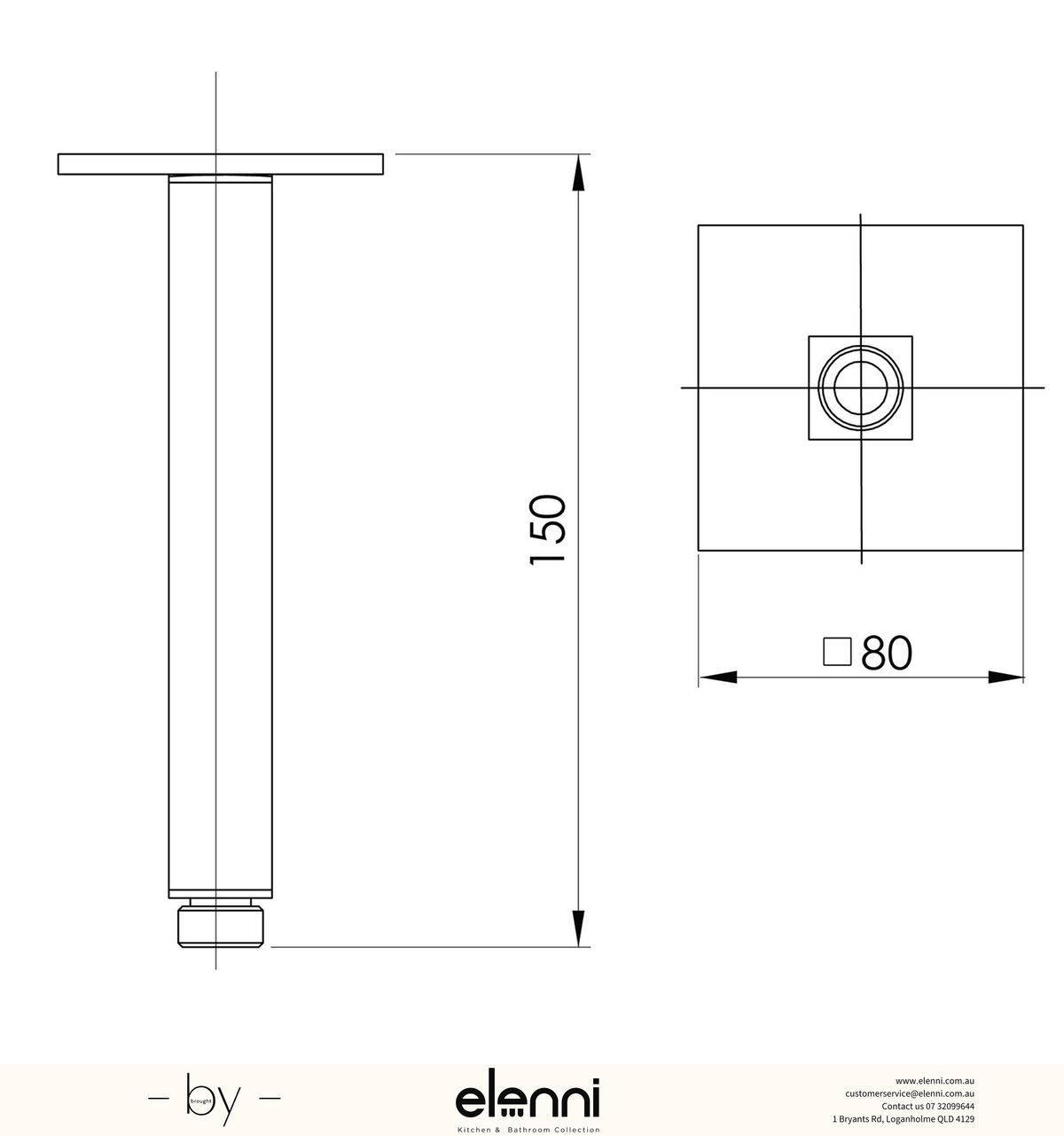 Lexi Ceiling Arm 150mm - Elenni specification drawing