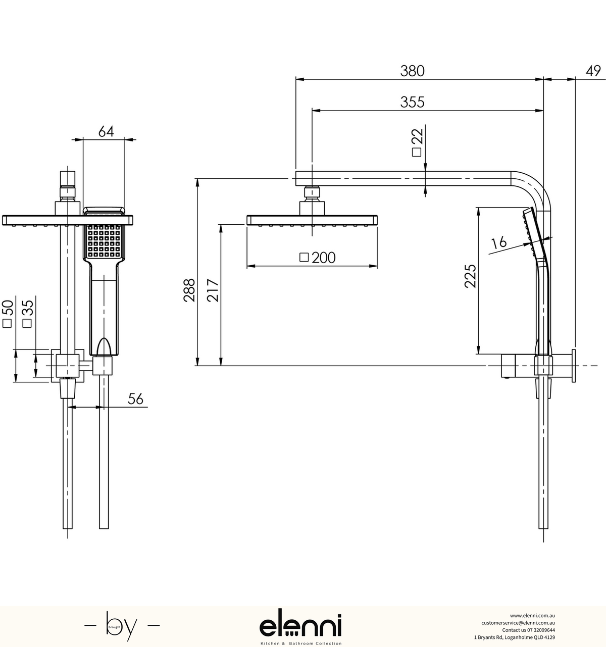 Lexi Compact Twin Shower - Elenni specification drawing