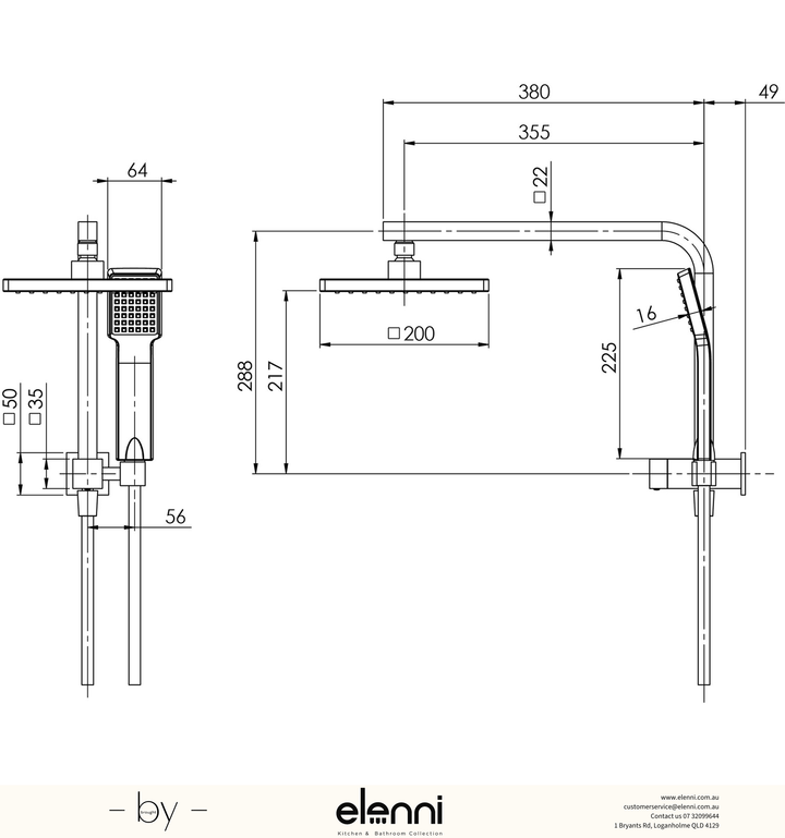 Lexi Compact Twin Shower - Elenni specification drawing