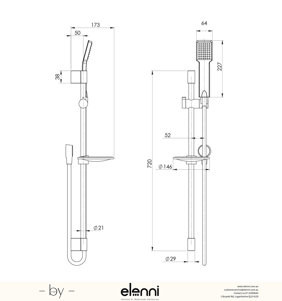 Lexi Rail Shower - Elenni specification drawing